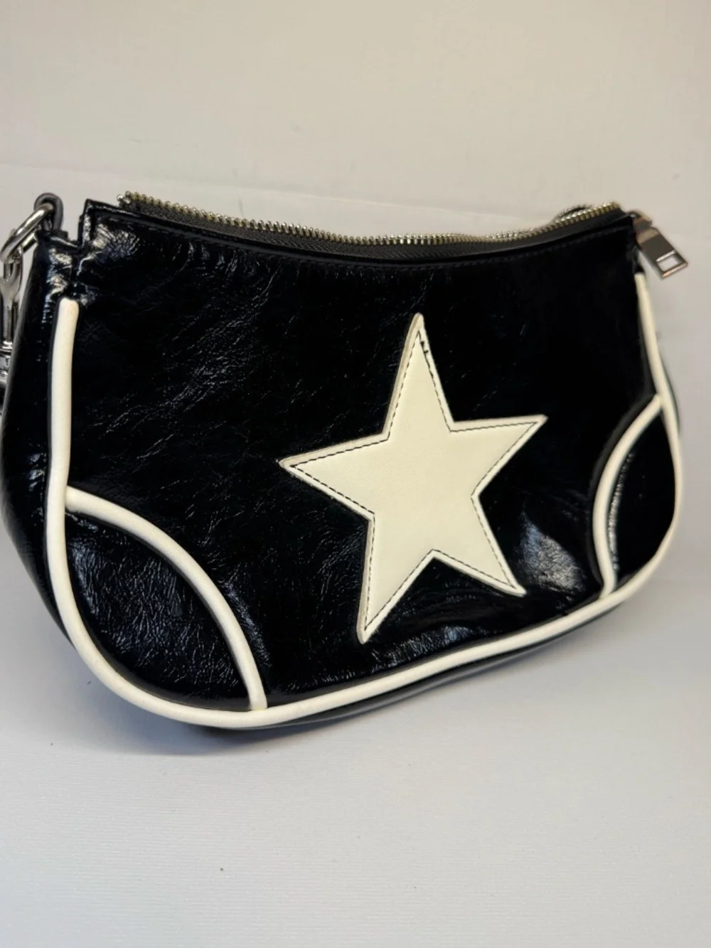 Silence + Noise Black Patent Star Baguette Shoulder Bag Y2K Retro Purse